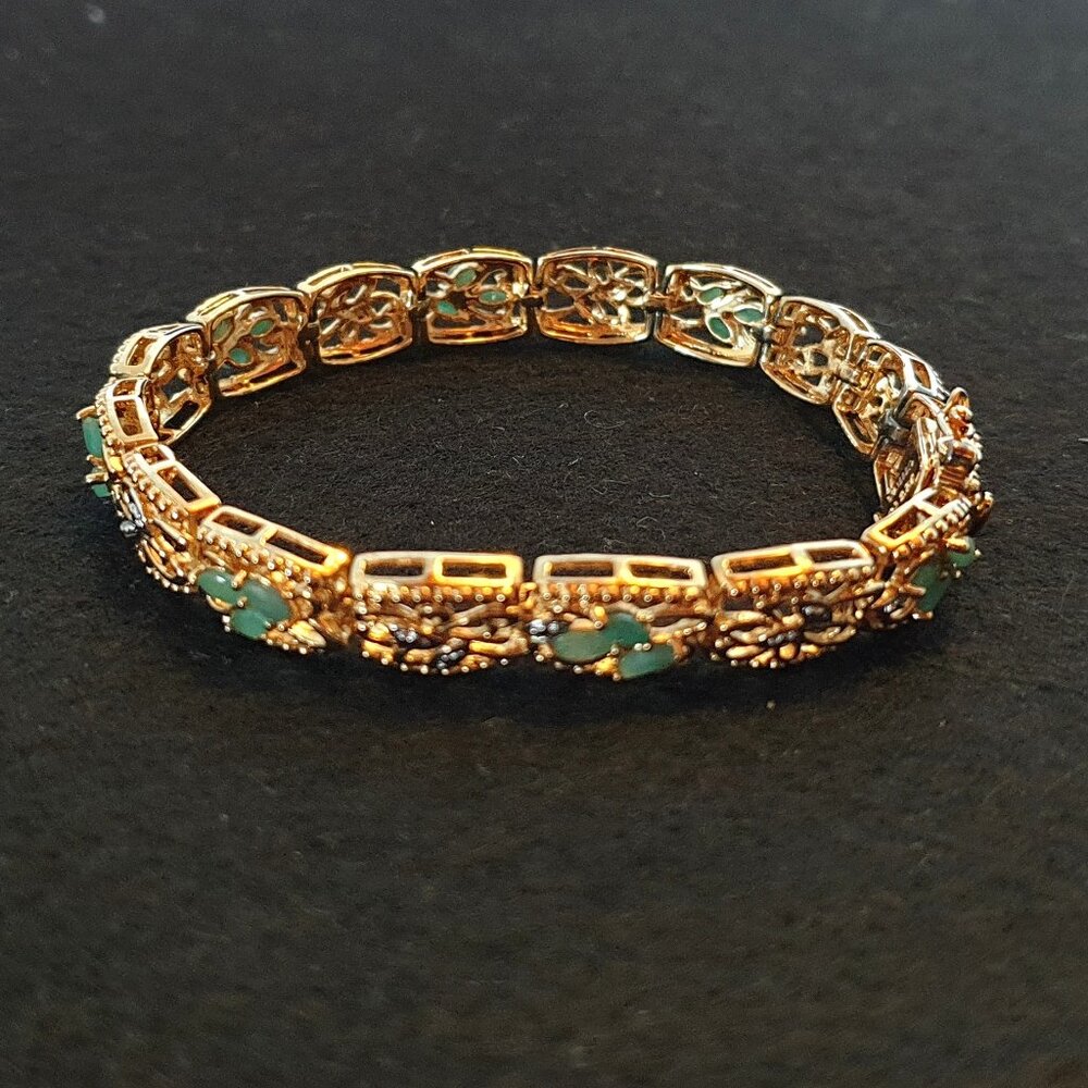 Vintage Ross Simons Natural Emerald 925 Sterling Silver Gold-Plated Bracelet